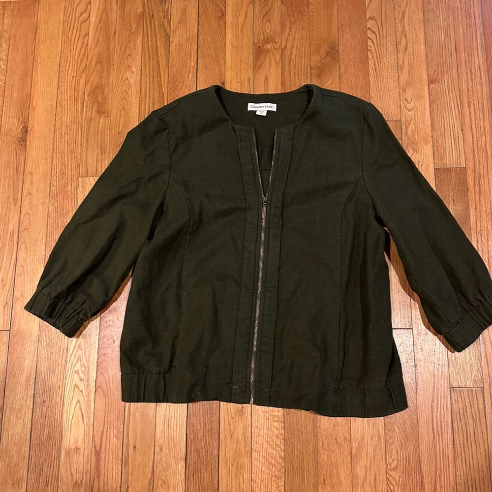 Coldwater Creek size 10 linen olive greenâ zip-up 3/4 sleeve jacket with pockets